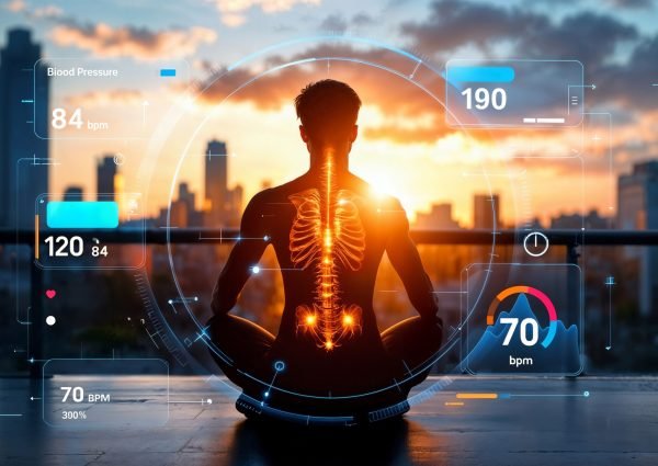 Visual representation of spine alignment and nervous system balance supported by regular yoga practice